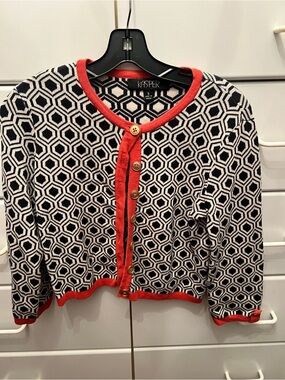 Kasper Navy & White Geometric Cardigan with Orange Trim